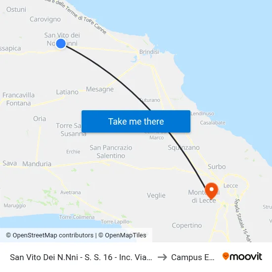 San Vito dei Normanni - State Road 16 - UN Avenue Junction - Carovi Direction to Ecotekne Campus map