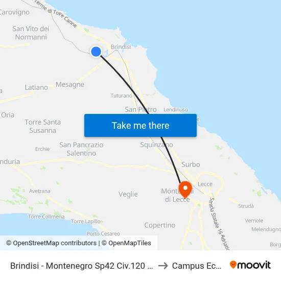 Brindisi - Montenegro Sp42 Civ.120 Dir. Masseria to Ecotekne Campus map