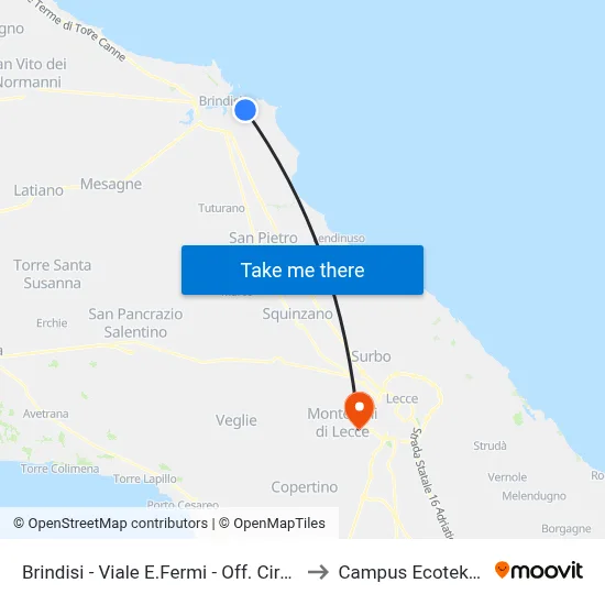 Brindisi - E. Fermi Boulevard - Ciracì Workshop to Ecotekne Campus map