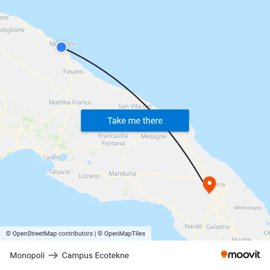 Monopoli to Ecotekne Campus map