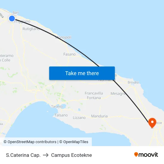 St. Caterina Terminal to Ecotekne Campus map