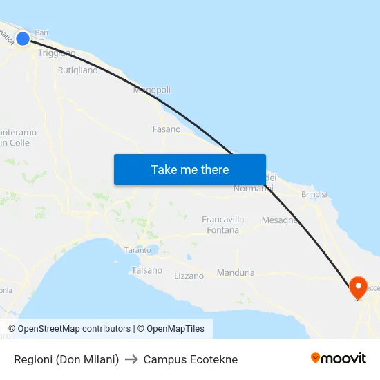 Regioni (Don Milani) to Ecotekne Campus map