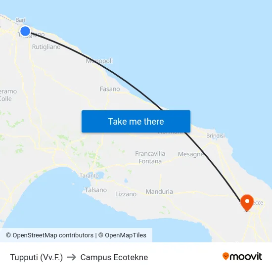 Tupputi (Fire Station) to Ecotekne Campus map