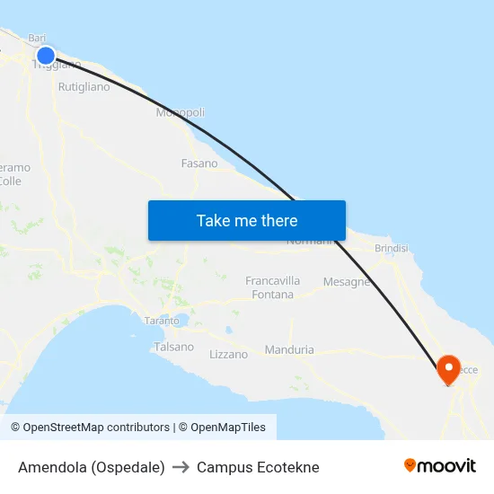 Amendola (Hospital) to Ecotekne Campus map