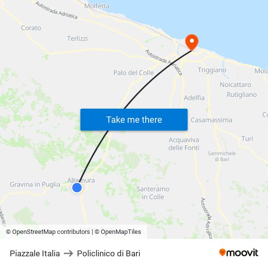 Piazzale Italia to Policlinico di Bari map