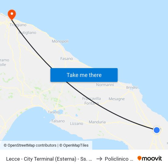 Lecce - City Terminal (Esterna) - Ss. Brindisi Lecce to Policlinico di Bari map