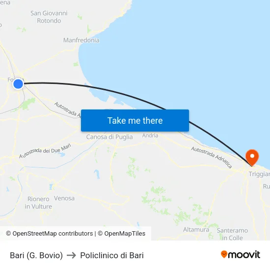 Bari (G. Bovio) to Policlinico di Bari map