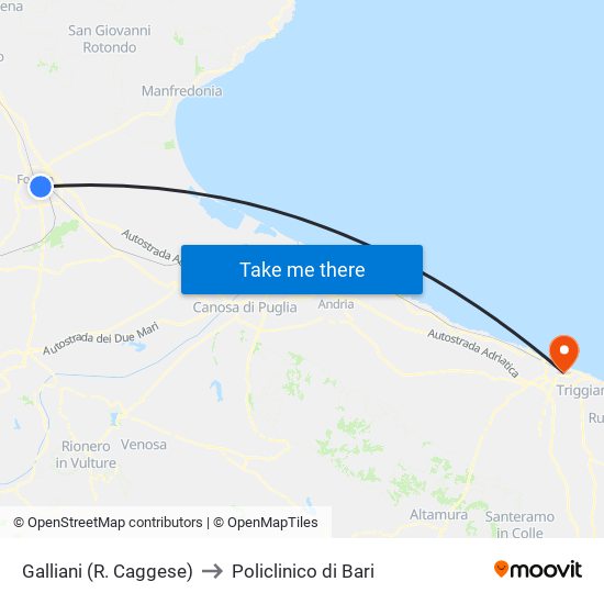 Galliani (R. Caggese) to Policlinico di Bari map