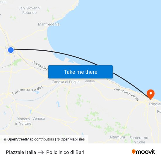 Piazzale Italia to Policlinico di Bari map