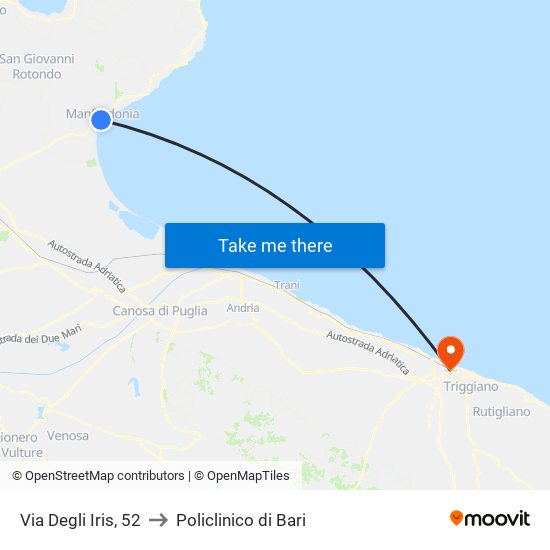 Via Degli Iris, 52 to Policlinico di Bari map