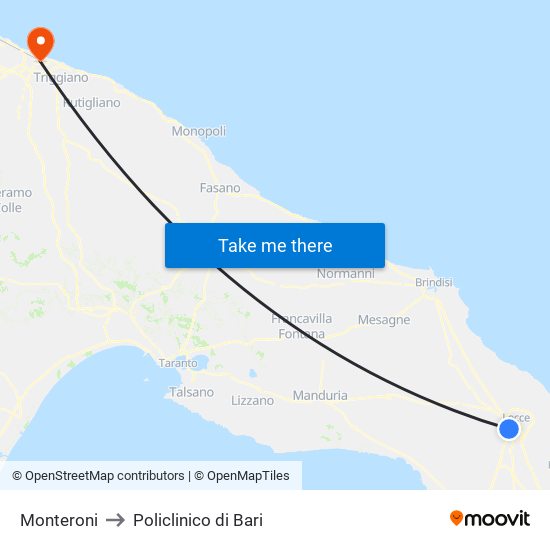 Monteroni to Policlinico di Bari map