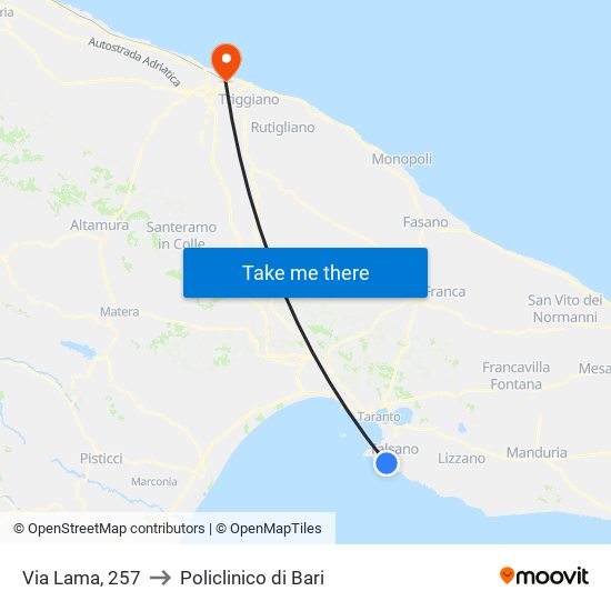 Via Lama, 257 to Policlinico di Bari map