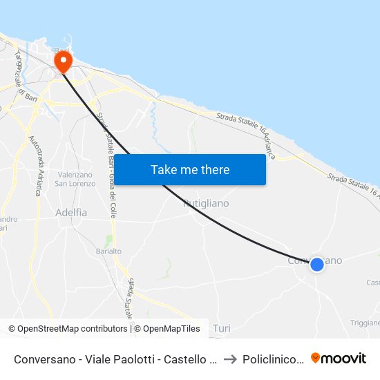 Conversano - Viale Paolotti - Castello (Fermata Sud-Est) to Policlinico di Bari map