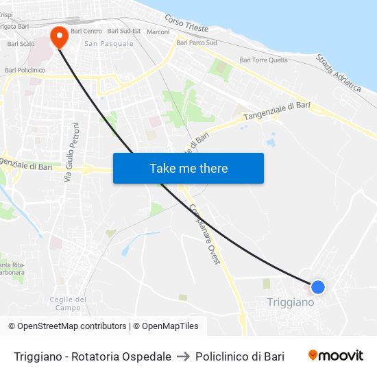 Triggiano - Rotatoria Ospedale to Policlinico di Bari map