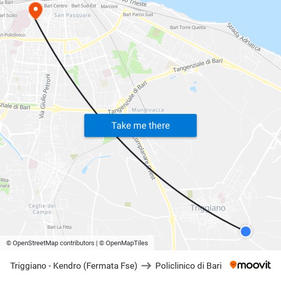 Triggiano - Kendro (Fermata Fse) to Policlinico di Bari map