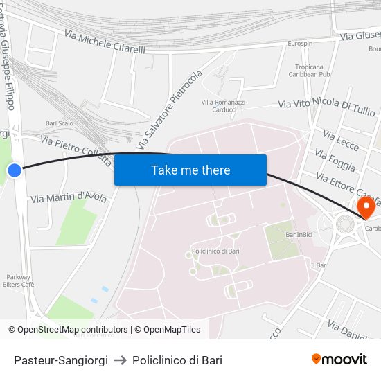 Pasteur-Sangiorgi to Policlinico di Bari map