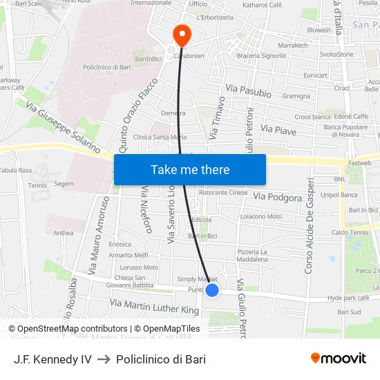 J.F. Kennedy  IV to Policlinico di Bari map