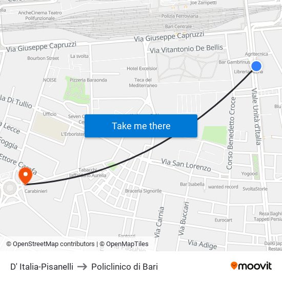 D' Italia-Pisanelli to Policlinico di Bari map