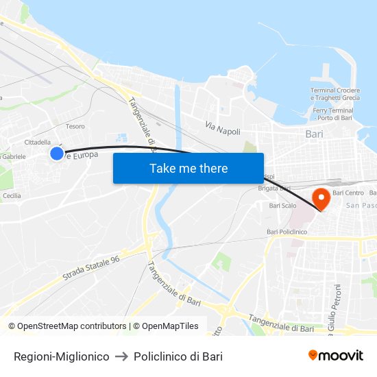 Regioni-Miglionico to Policlinico di Bari map