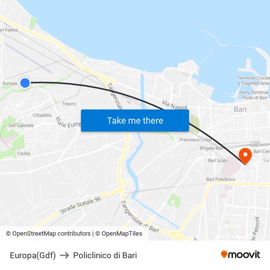 Europa(Gdf) to Policlinico di Bari map