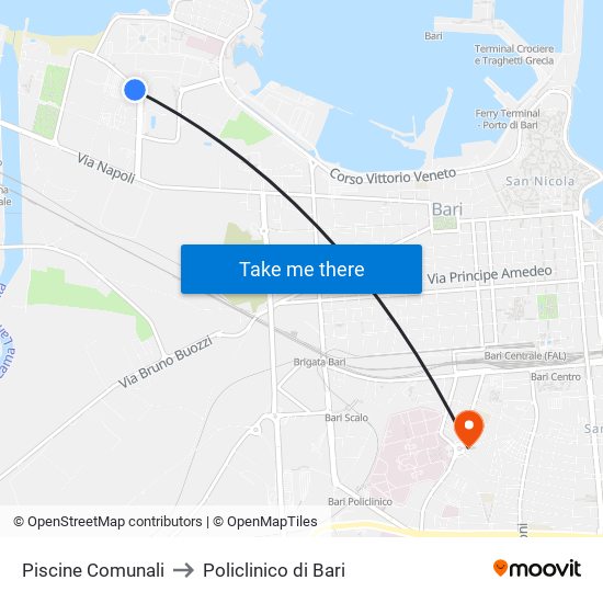 Piscine Comunali to Policlinico di Bari map