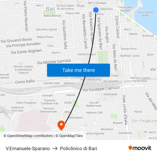 V.Emanuele-Sparano to Policlinico di Bari map