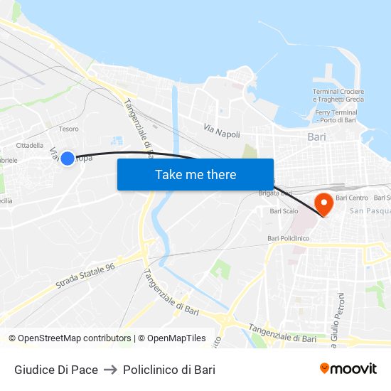 Giudice Di Pace to Policlinico di Bari map