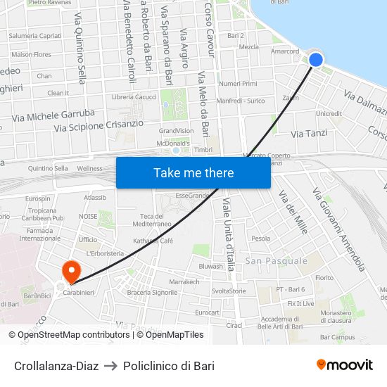 Crollalanza-Diaz to Policlinico di Bari map