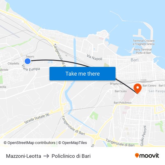 Mazzoni-Leotta to Policlinico di Bari map