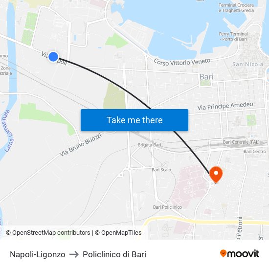 Napoli-Ligonzo to Policlinico di Bari map