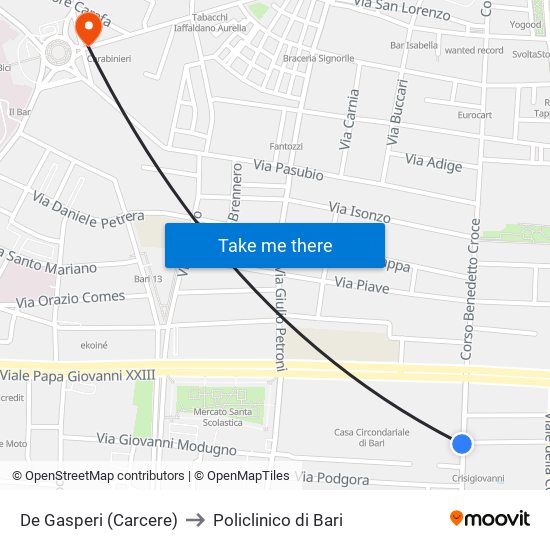 De Gasperi (Carcere) to Policlinico di Bari map