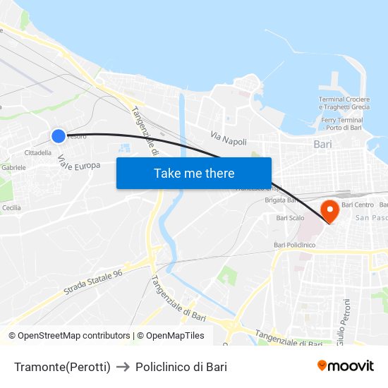 Tramonte(Perotti) to Policlinico di Bari map