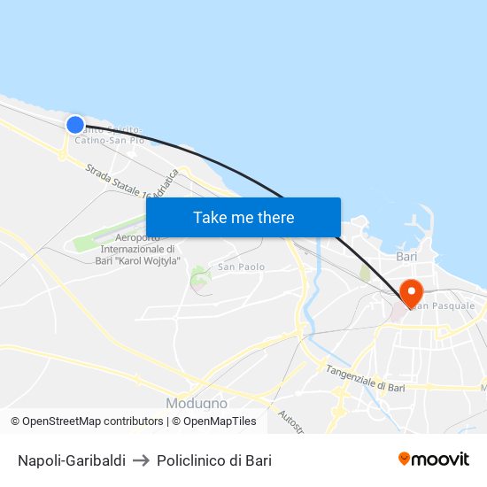 Napoli-Garibaldi to Policlinico di Bari map