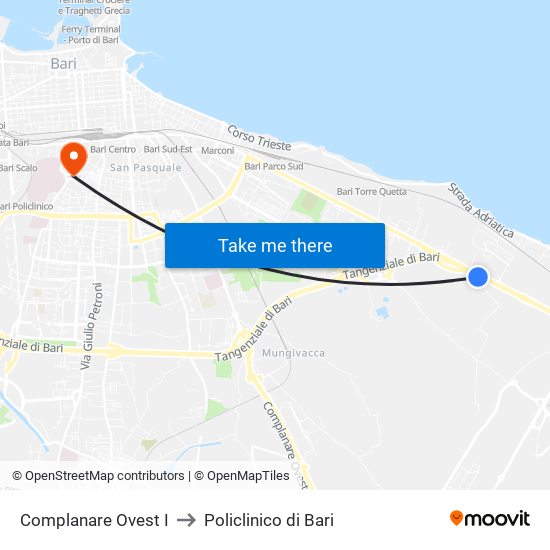Complanare  Ovest I to Policlinico di Bari map