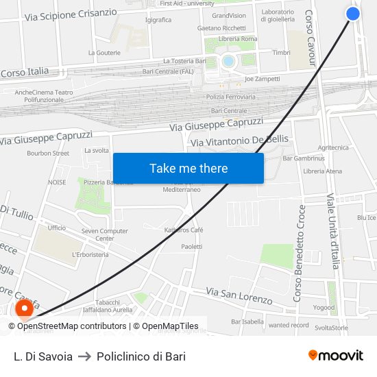 L. Di Savoia to Policlinico di Bari map