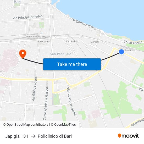Japigia 131 to Policlinico di Bari map