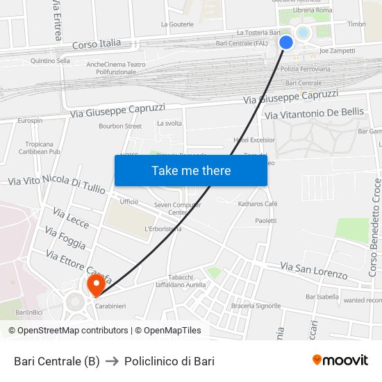 Bari Centrale (B) to Policlinico di Bari map