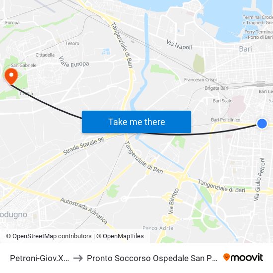 Petroni-Giov.Xxiii to Pronto Soccorso Ospedale San Paolo map