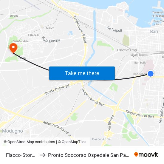 Flacco-Storelli to Pronto Soccorso Ospedale San Paolo map