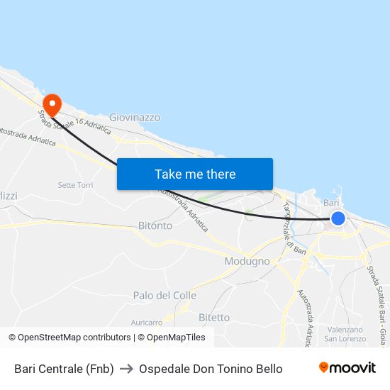 Bari Centrale (Fnb) to Ospedale Don Tonino Bello map