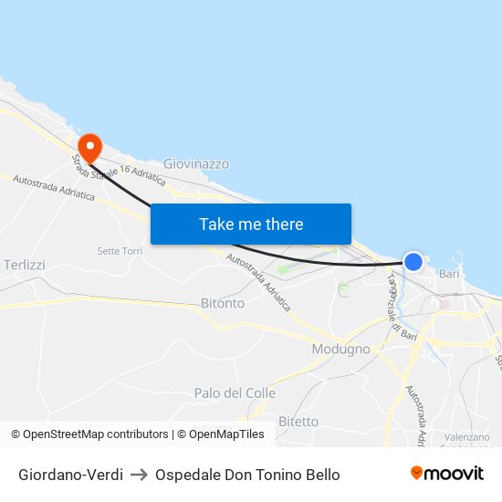 Giordano-Verdi to Ospedale Don Tonino Bello map