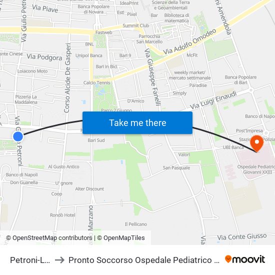 Petroni-L.King to Pronto Soccorso Ospedale Pediatrico Giovanni XXIII map