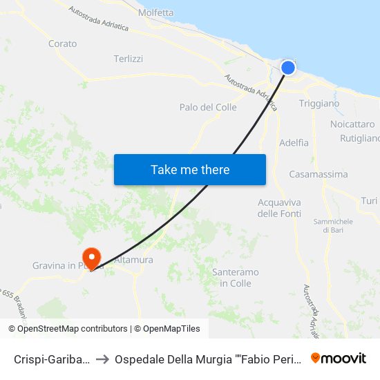 Crispi-Garibaldi to Ospedale Della Murgia ""Fabio Perinei"" map