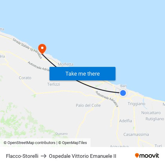 Flacco-Storelli to Ospedale Vittorio Emanuele II map