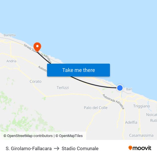 S. Girolamo-Fallacara to Stadio Comunale map