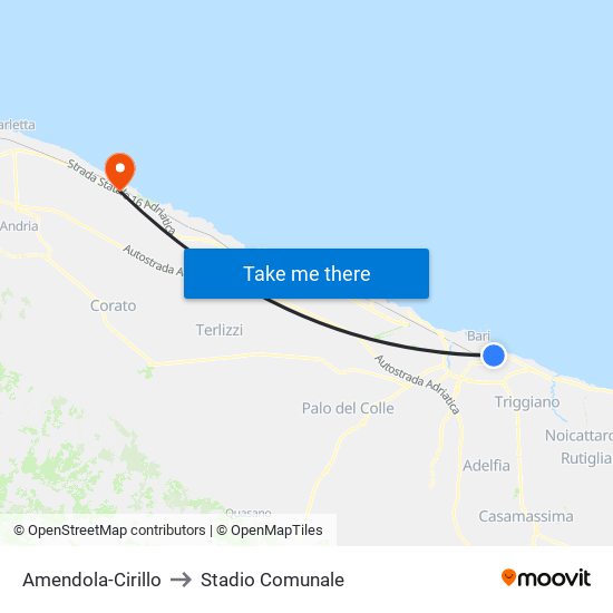 Amendola-Cirillo to Stadio Comunale map
