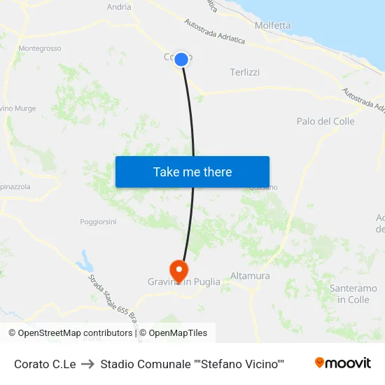 Corato C.Le to Stadio Comunale ""Stefano Vicino"" map