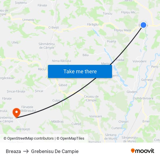 Breaza to Grebenisu De Campie map