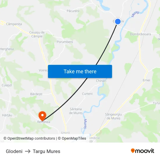 Glodeni to Targu Mures map
