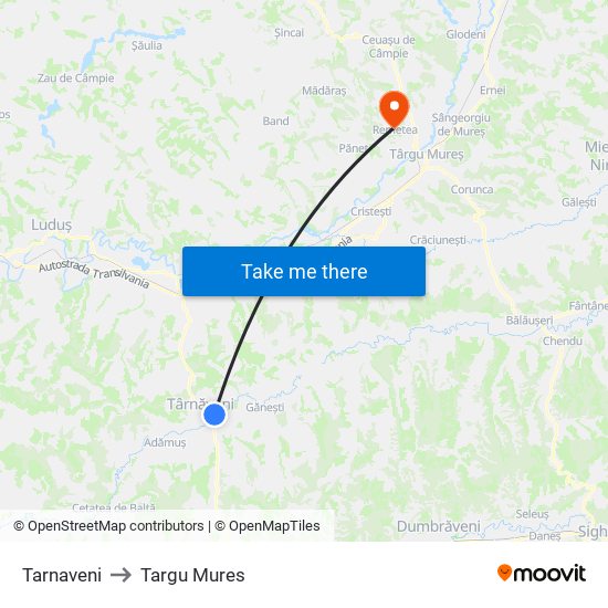 Tarnaveni to Targu Mures map